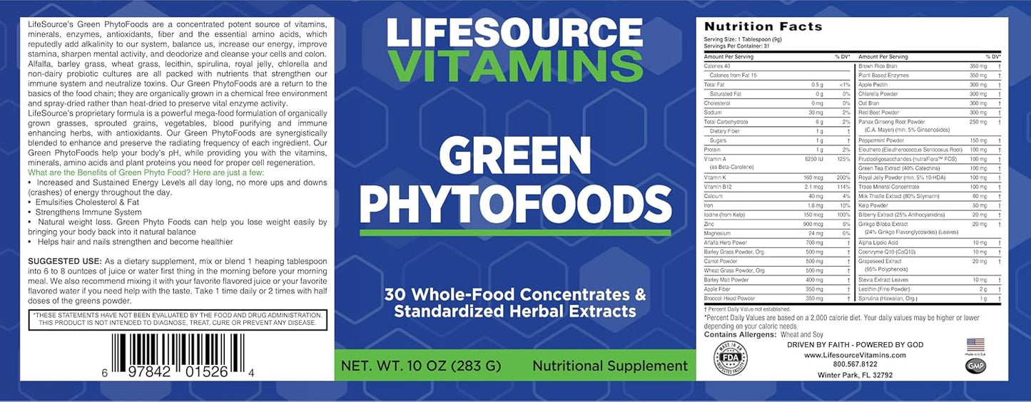 LifeSource Vitamins Green Phyto Foods 283 g - 27 Organic Vegetables - 72 Minerals - görsel 3
