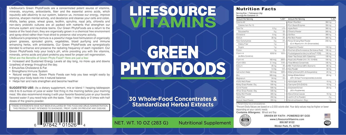 LifeSource Vitamins Green Phyto Foods 283 g - 27 Organic Vegetables - 72 Minerals - görsel 3