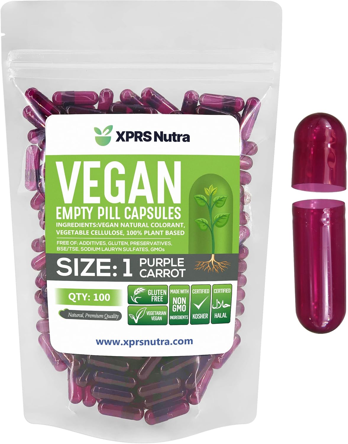 XPRS Nutra Size 1 Empty Vegan Capsules - 100 Capsules (Purple Carrot) - görsel 1