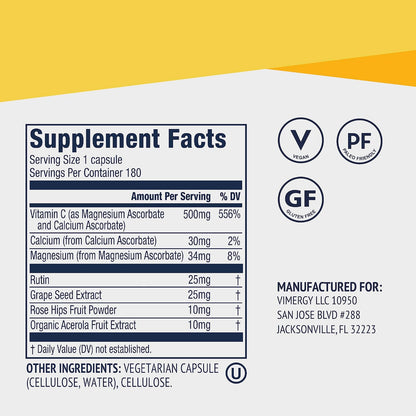 Vimergy Micro-C® Vitamin C Capsules – 500 mg per Capsule, Supports Immune Health, Promotes Collagen Production, Supports Healthy Bones*, Kosher, Vegan and Gluten-Free (90 Capsules)