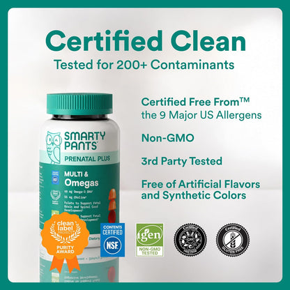 SmartyPants Prenatal Multivitamin Gummies with Omega-3 DHA/EPA, Methylfolate, Biotin, Vitamins D3, C, B12, B6, A, K, and Zinc, Gluten-free, Clean Labelled, Two Fruit Flavours, 90 Gummies (30 Day Supply)