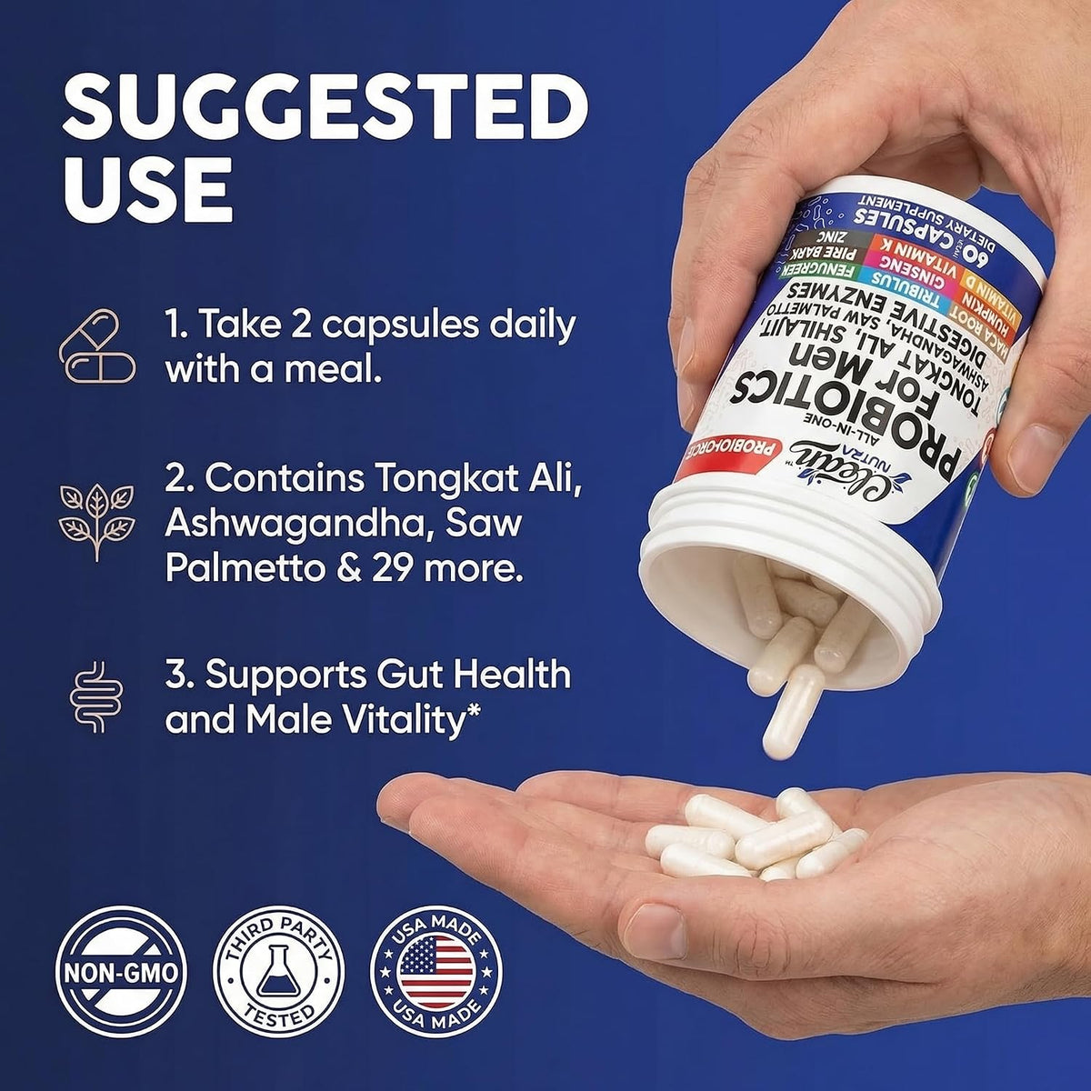 Clean Nutra Men's Probiotic with Tongkat Ali, Ashwagandha & Shilajit - All-in-One Supplement - 60 Capsules - görsel 6