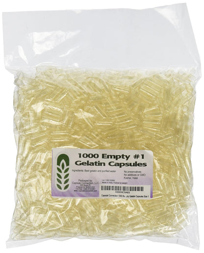 Capsule Connection 1000 Pack Empty Gelatine Capsules Size 1 – Resealable Bag