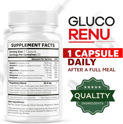 Gluco Renu Capsules - Natural Blood Health Support, Vegan & Non-GMO, 30 Capsules