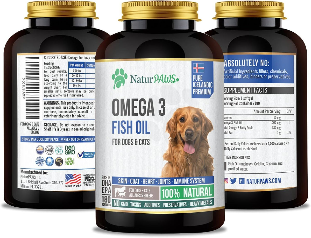 NaturPAWS Omega-3 Fish Oil Food Supplement for Dogs and Cats – 1000 mg Pure DHA and EPA Omega-3s – 180 Softgels - görsel 2