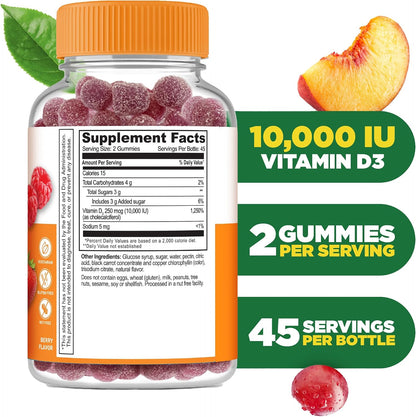 Lifeable Vitamin D3 10000IU Gummies for Bone Health and Immune Support - 90 Gummies