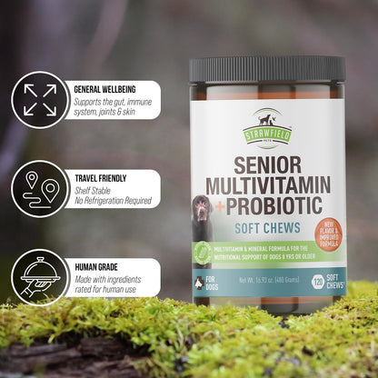 Senior Multivitamin + Probiotics for Dogs with Milk Thistle Joint Support Supplement - Bacon Flavour, 120 Soft Chews