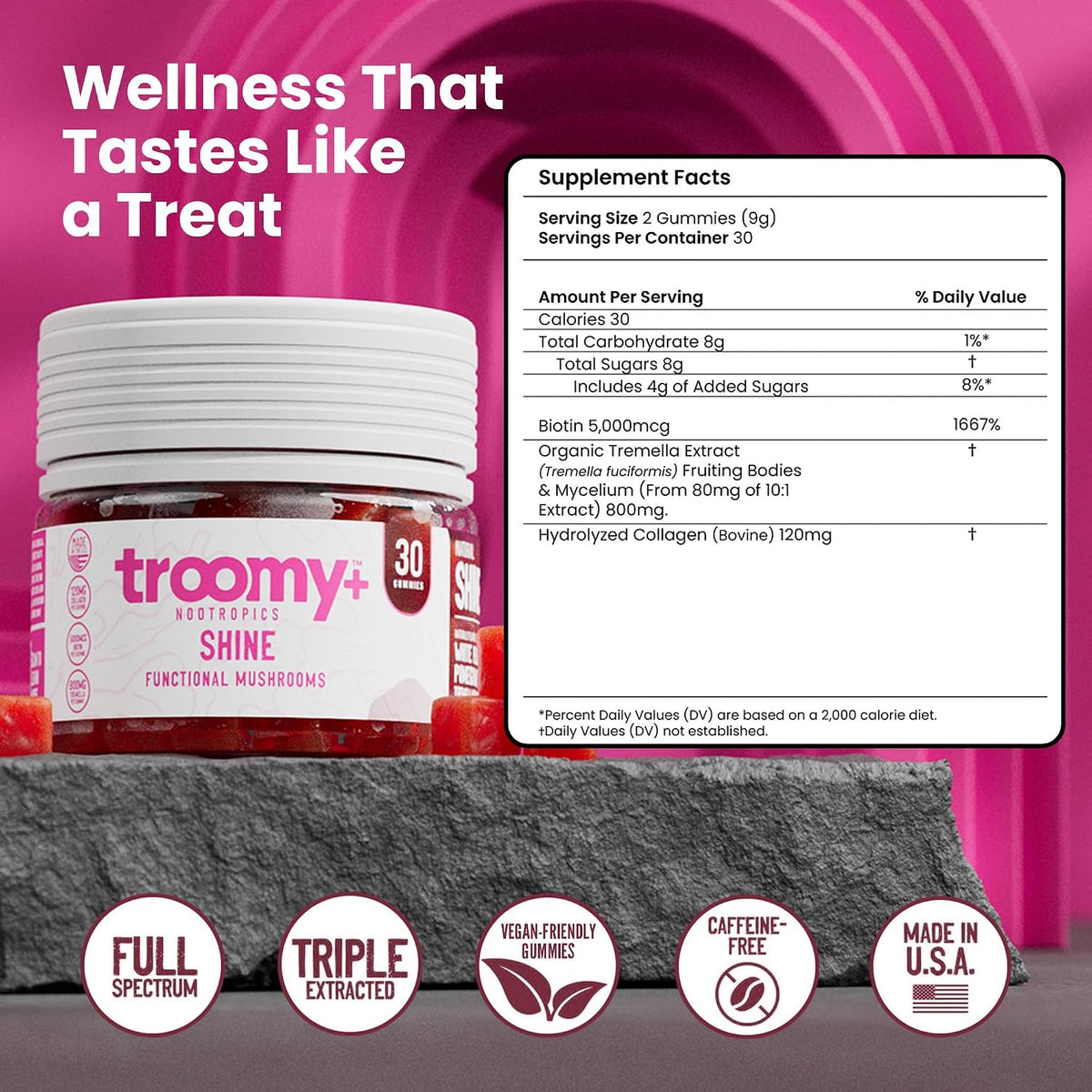 Troomy Shine Tremella Mushroom Gummies with Biotin and Collagen for Hair Skin and Nails, White Peach Pomegranate Flavour, Vegan-Friendly, Gluten-free, Made in USA, Independent Lab Quality-Checked - 30 Count - görsel 4