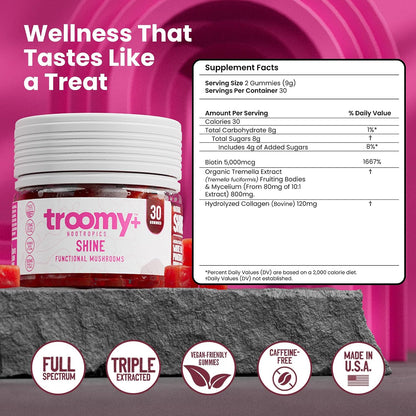 Troomy Shine Tremella Mushroom Gummies with Biotin and Collagen for Hair Skin and Nails, White Peach Pomegranate Flavour, Vegan-Friendly, Gluten-free, Made in USA, Independent Lab Quality-Checked - 30 Count