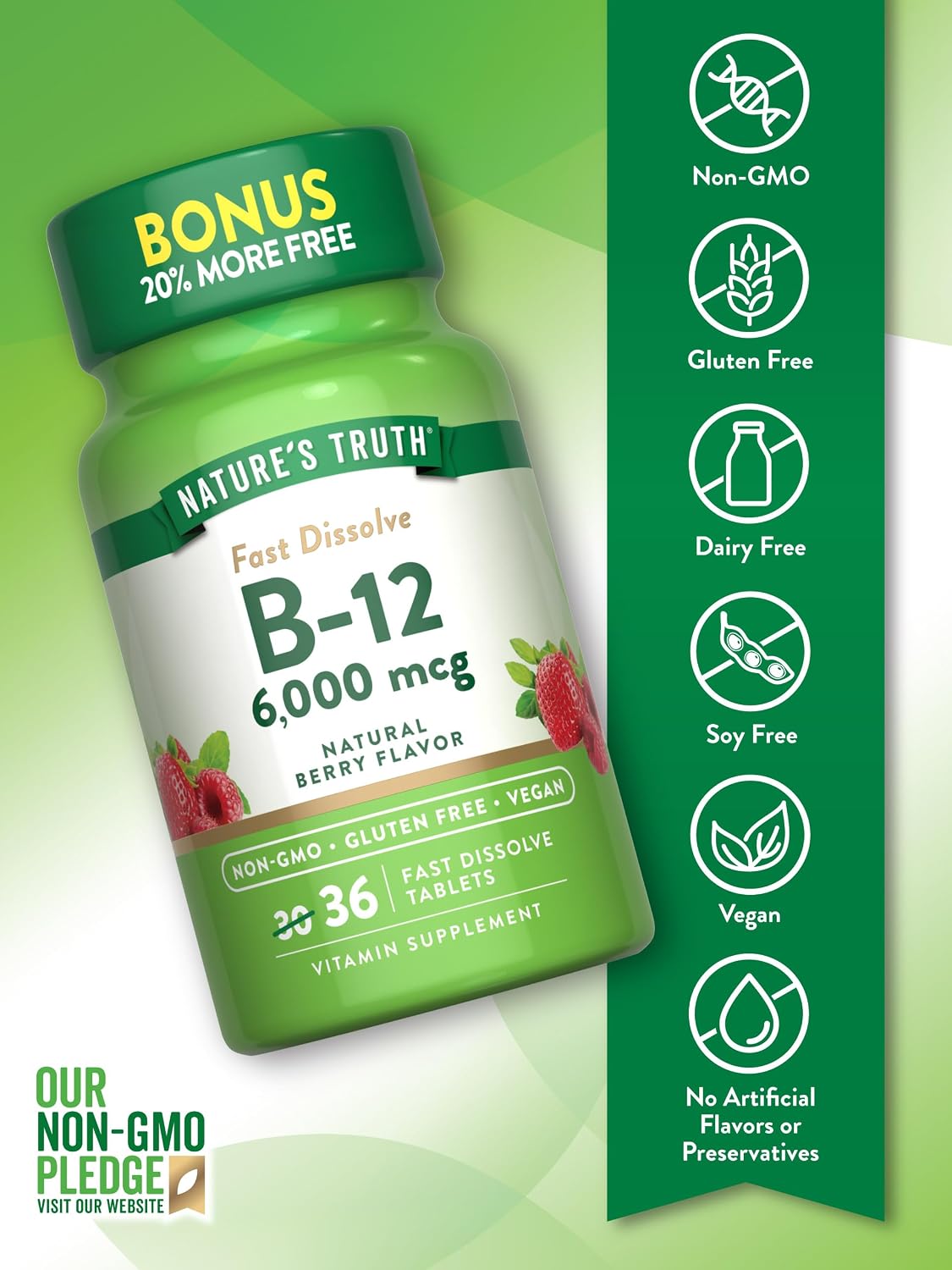 Nature's Truth Vitamin B12 6000 mcg – Methylcobalamin Fast Dissolve Tablets, Natural Berry Flavour (36 Count) - görsel 3