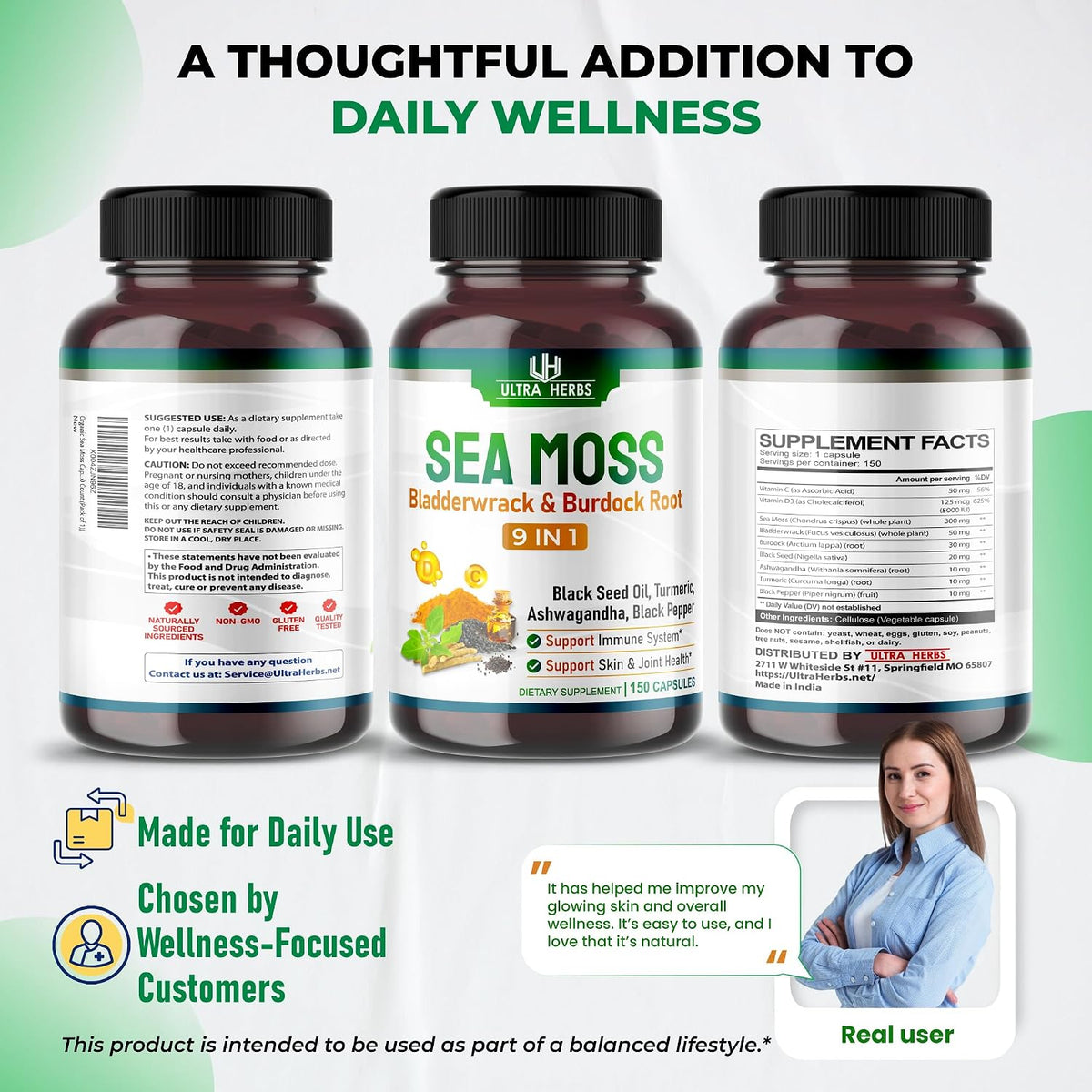 Ultra Herbs Sea Moss Capsules with Black Seed Oil, Ashwagandha, Vitamin D3 & C, 12-in-1 Immune & Overall Wellness Support, 150 Capsules - görsel 9