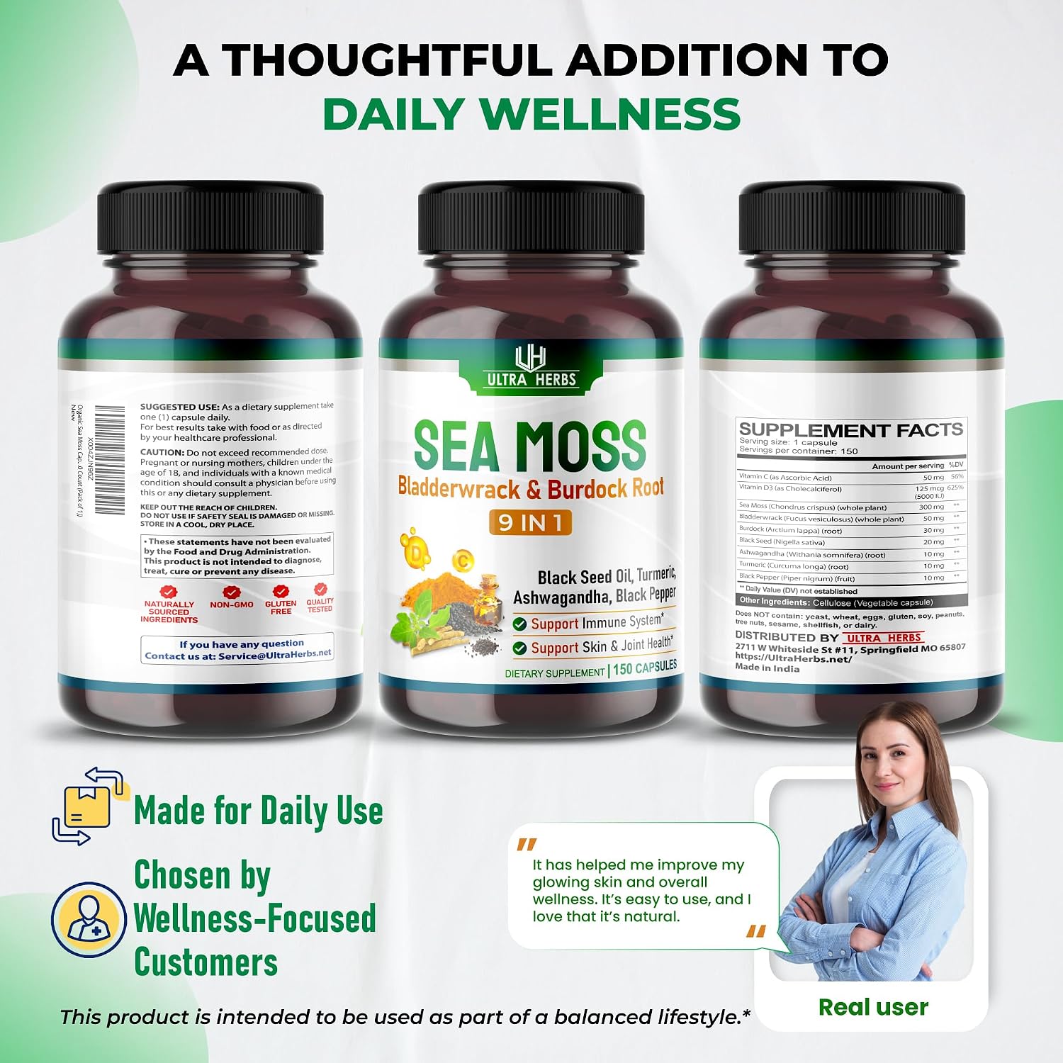 Ultra Herbs Sea Moss Capsules with Black Seed Oil, Ashwagandha, Vitamin D3 & C, 12-in-1 Immune & Overall Wellness Support, 150 Capsules - görsel 9