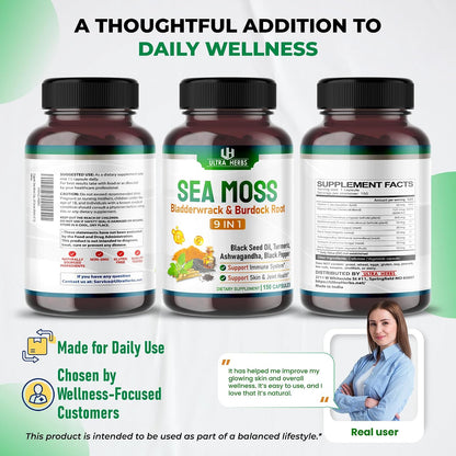 Ultra Herbs Sea Moss Capsules with Black Seed Oil, Ashwagandha, Vitamin D3 & C, 12-in-1 Immune & Overall Wellness Support, 150 Capsules