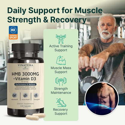VINATURA HMB 3000mg + Vitamin D3 Food Supplement – NSF Certified for Sport – 120 Capsules
