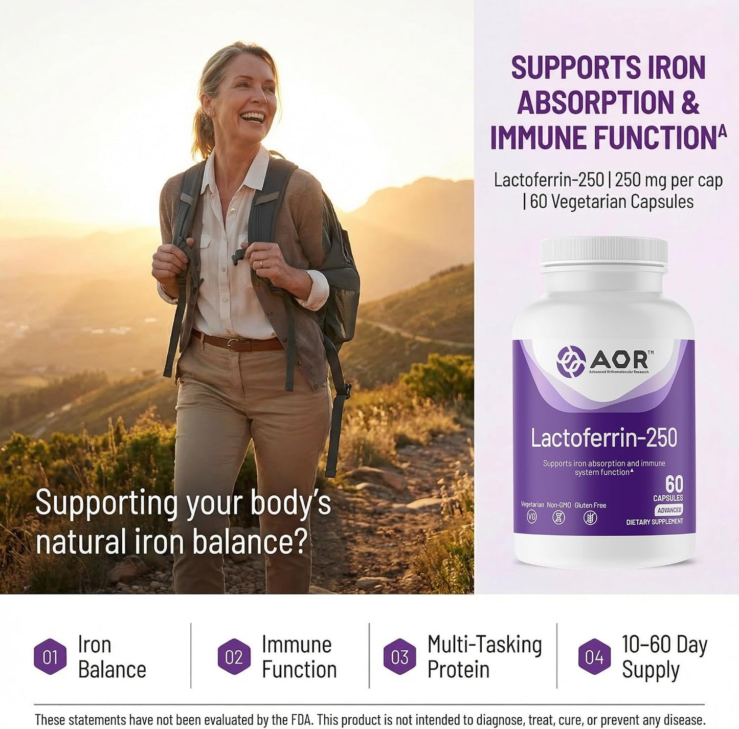 AOR Lactoferrin 250mg, 60 Vegetarian Capsules - görsel 2