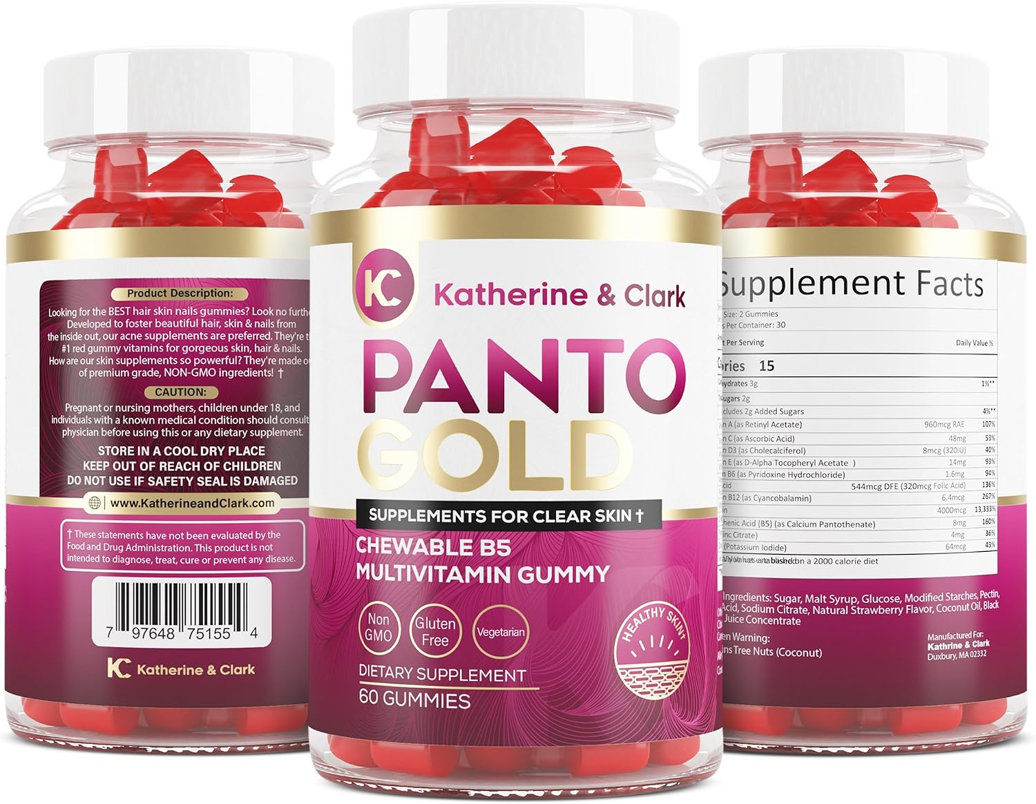 Katherine & Clark Panto Gold Vitamin B5 Pantothenic Acid Gummies for Acne - Hair Skin and Nails - Biotin, Zinc, Folic Acid - 60 Count - görsel 7