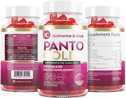 Katherine & Clark Panto Gold Vitamin B5 Pantothenic Acid Gummies for Acne - Hair Skin and Nails - Biotin, Zinc, Folic Acid - 60 Count