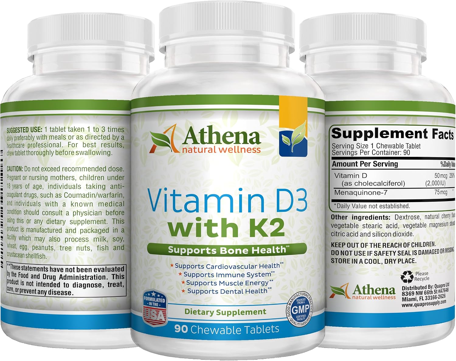 Athena Vitamin D3 2000IU with K2 (MK-7) - 90 Chewable Tablets - görsel 4