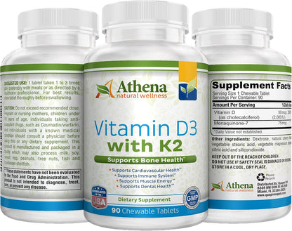 Athena Vitamin D3 2000IU with K2 (MK-7) - 90 Chewable Tablets