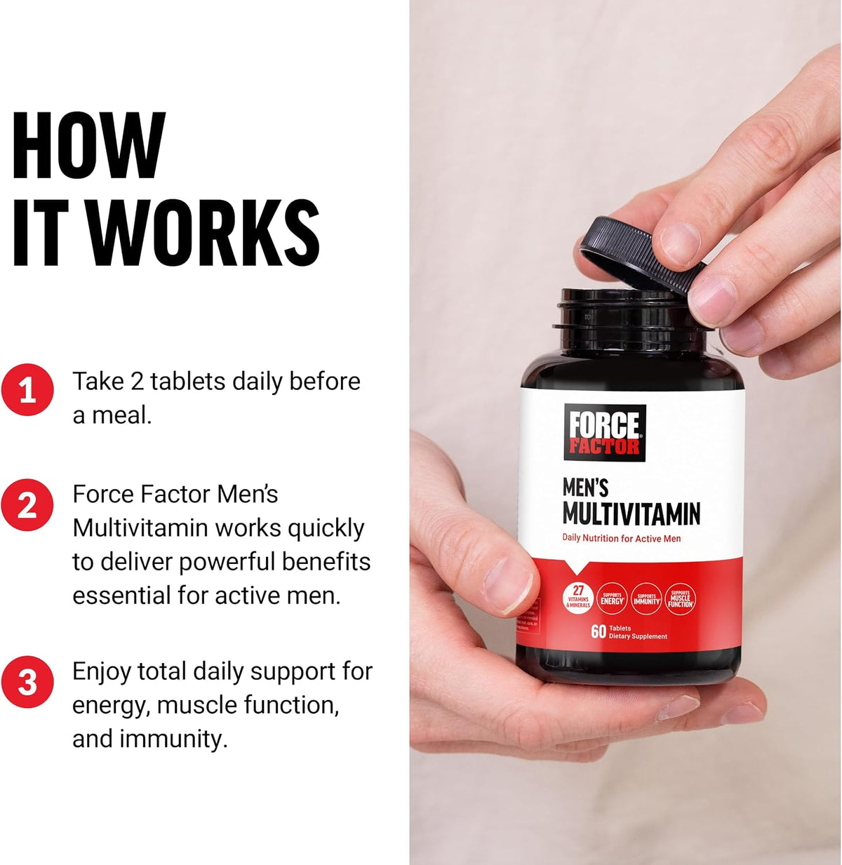 Force Factor Men’s Multivitamin - Multivitamin for Men Plus Amino Acids with 27 Vitamins and Minerals, Phytonutrients for Energy and Immunity, 60 Tablets - görsel 4