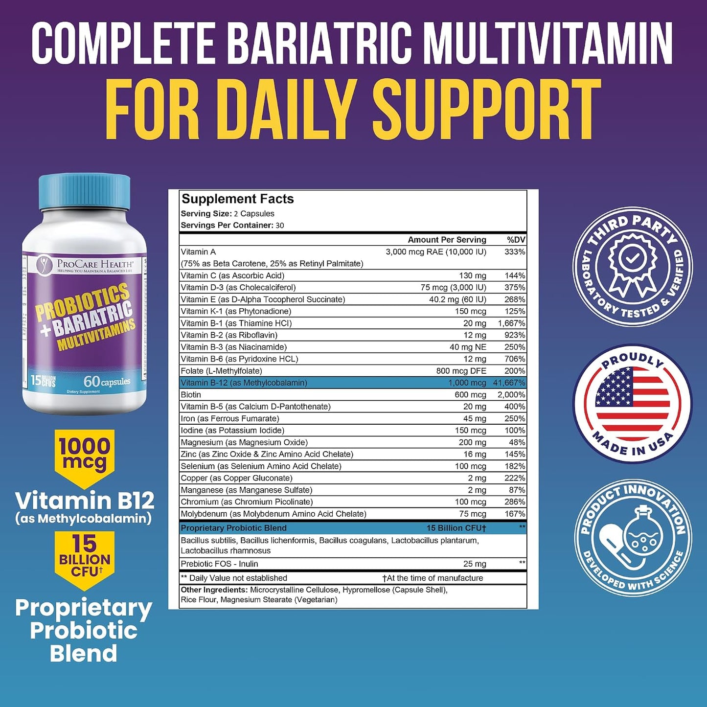 ProCare Health Probiotic Bariatric Multivitamin with Iron 45mg - 15 Billion CFU Probiotic, Fast-Dissolving Vegetable Capsules - görsel 2