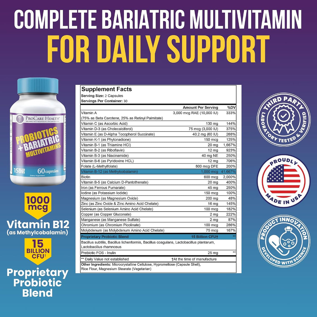 ProCare Health Probiotic Bariatric Multivitamin with Iron 45mg - 15 Billion CFU Probiotic, Fast-Dissolving Vegetable Capsules - görsel 2