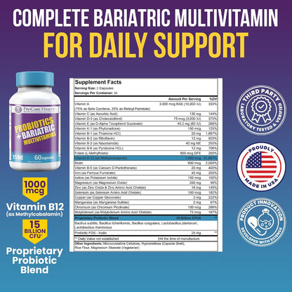 ProCare Health Probiotic Bariatric Multivitamin with Iron 45mg - 15 Billion CFU Probiotic, Fast-Dissolving Vegetable Capsules