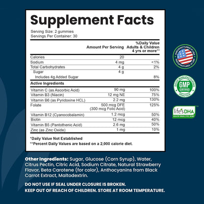 Vitamin B Complex Gummies for Adults, B Complex Supplement with Vitamin A, C, Biotin, Zinc, 60 Gummies