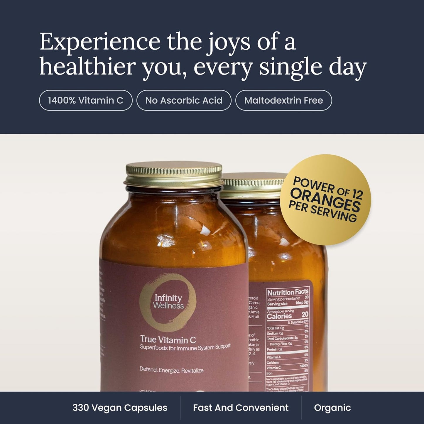 Infinity-C Organic Wholefood Sourced Vitamin C Powder | Acerola, Camu Camu & Amla | 1000mg Superfood C | High Strength | Shilajit, Astragalus Root & Ginger | Vegan, Non-GMO (30 Servings) - görsel 5