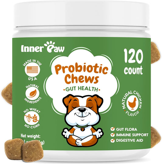 Probiotics for Dogs, Digestive Enzymes & Prebiotic Formula for Gut Health, Dog Probiotics for Diarrhoea, Bowel & Immune Support, Chicken Flavour, 120 Soft Chews