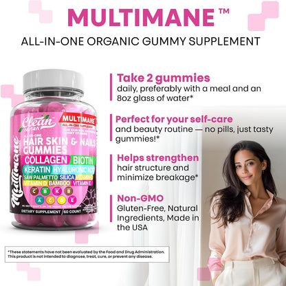 Clean Nutraceuticals Biotin Collagen Keratin Gummies | Hair, Skin and Nails Vitamins for Women | Hyaluronic Acid Bamboo Vitamin A C D3 E Folate with Saw Palmetto Silica B3 B12 Vegan Gummy