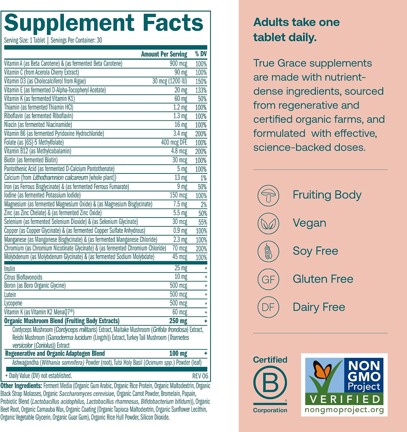 True Grace One Daily Women's Multivitamin with Fermented Minerals, Organic Adaptogens & Mushrooms - Whole Body Balance, Immune, Energy, Beauty Support - Non-GMO, Gluten-free, Soya Free - 30 Vegan Tablets - görsel 2