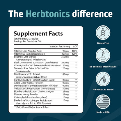 Herbtonics Sea Moss, Black Cumin Seed, Ashwagandha, Burdock Root & Apple Cider Vinegar Complex - 60 Capsules