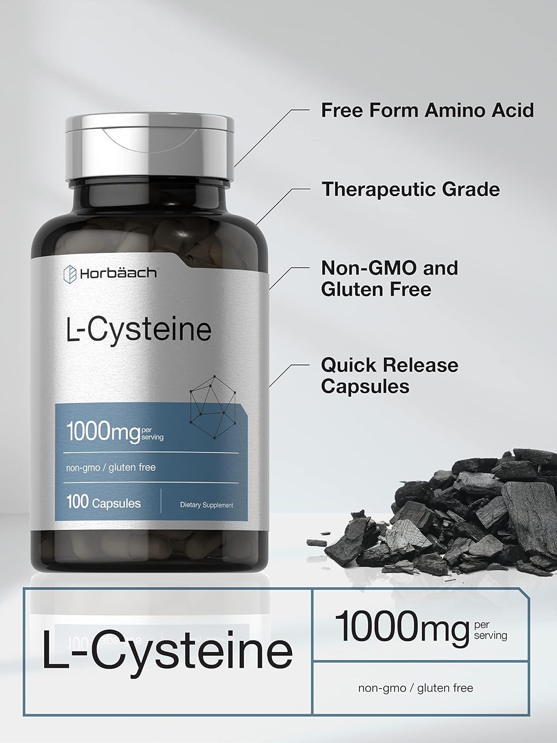 Horbäach L-Cysteine 1000mg - 100 Powder Capsules - Non-GMO, Gluten-Free Supplement - görsel 3