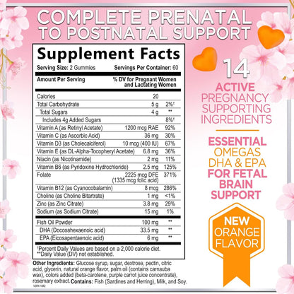 Hello Lovely Prenatal Vitamins Gummies – Complete Pregnancy Multivitamin with DHA, Folate & Choline – Orange Flavour – 120 Gummies