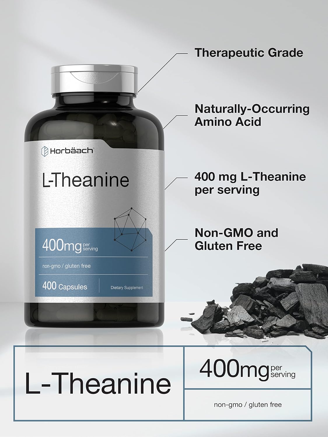 Horbäach L-Theanine 400mg, 400 Capsules - High Potency Food Supplement, Non-GM & Gluten-free - görsel 3