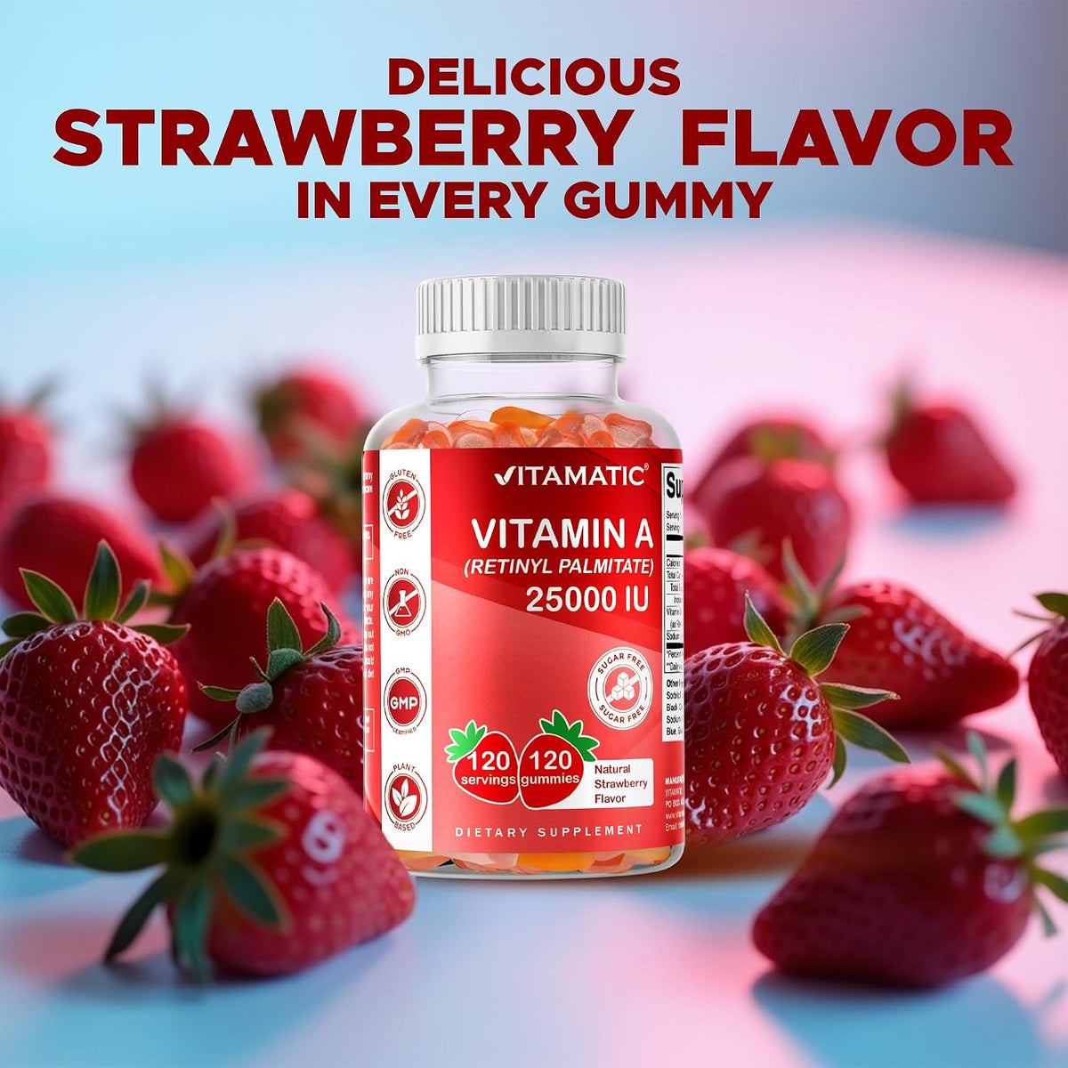 Vitamatic Vitamin A 25,000 IU Gummies – Sugar-Free Retinyl Palmitate – 1 Daily Gummy, 120 Servings – Natural Strawberry Flavour – Pectin Based – 120 Count - görsel 5