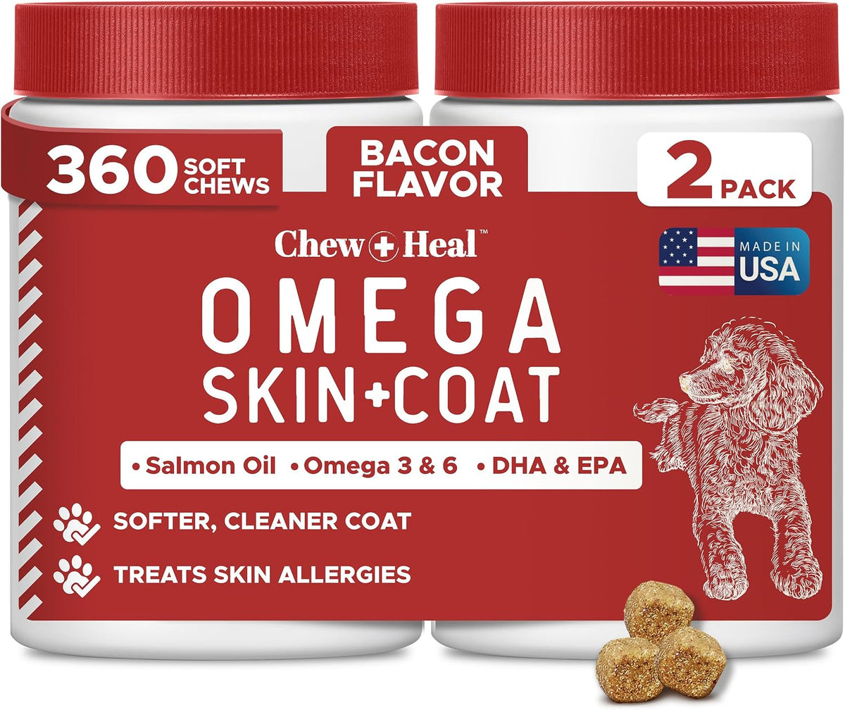 Best Itchy Skin Relief for Dogs - 360 Soft Chew Omega Chews for Skin and Coat - Salmon Oil Blend of Fatty Acids, Omega-3, 6, Vitamins, Antioxidants - Made in the USA (2 Packs of 180, Bacon Flavour) - görsel 1