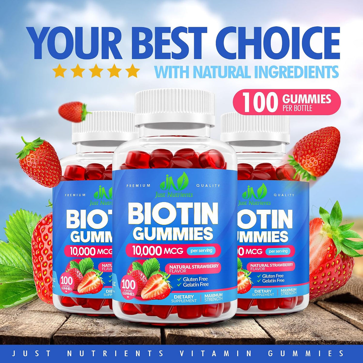 Just Nutrients Biotin 10,000mcg Gummies for Hair, Skin and Nails - 100 Count - görsel 4