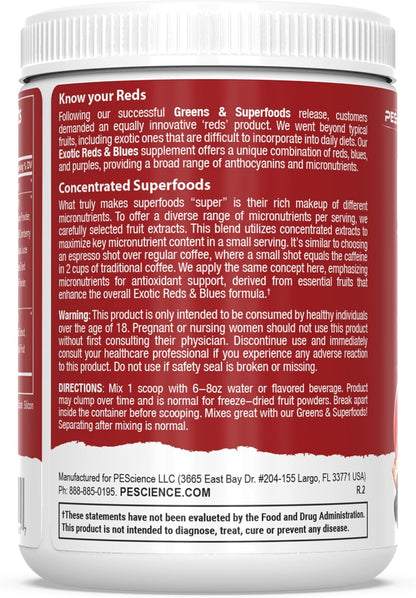 PEScience Exotic Reds & Blues, Red Superfoods Powder with Myo-Inositol, Beet Root Powder, Pomegranate and Acai Extract, Freeze-Dried Antioxidant Fruit Blend, 30 Servings