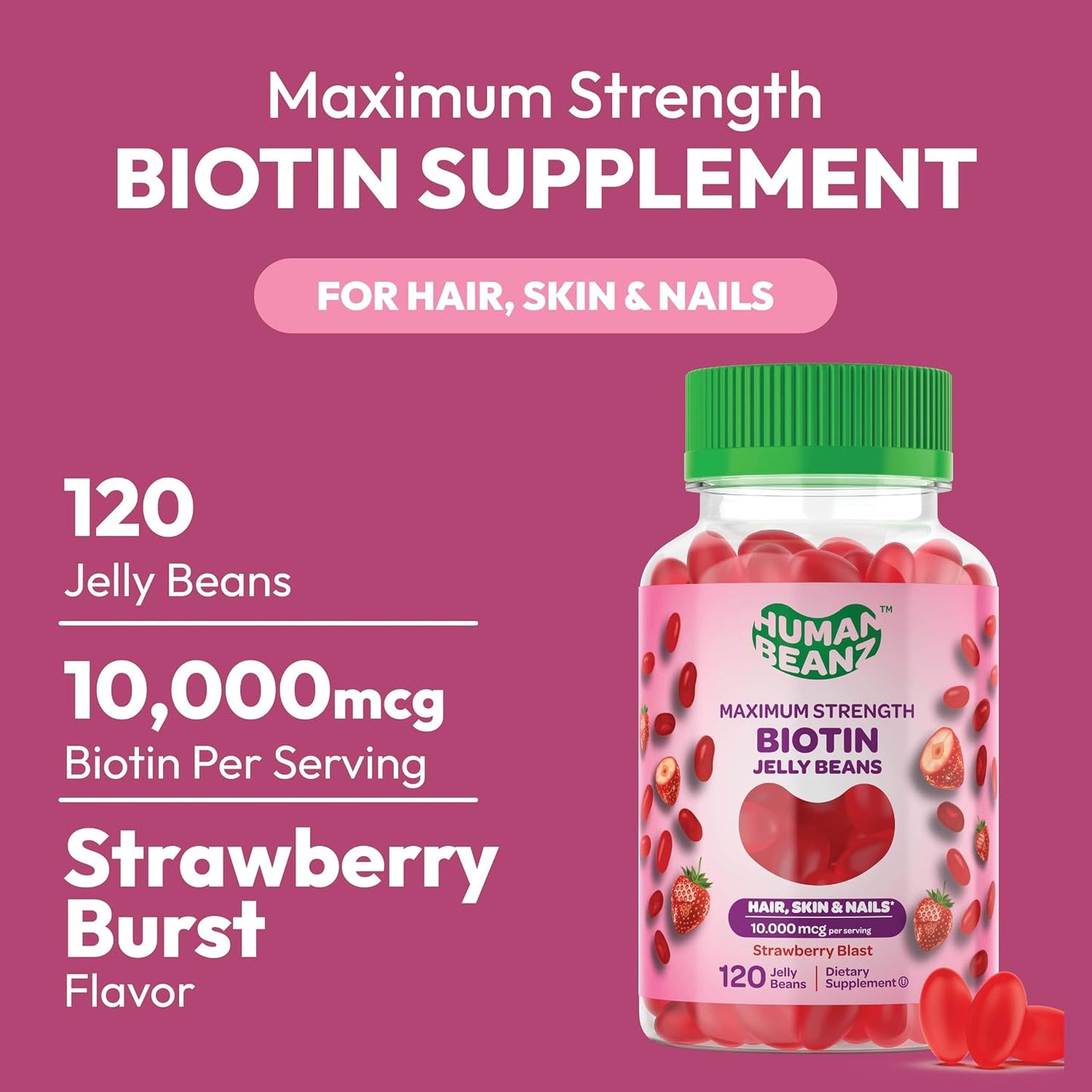 Human Beanz Biotin Jelly Bean Gummy Vitamins, 10,000mcg, for Hair, Skin & Nails - 120 Strawberry Blast Jelly Beans - görsel 2