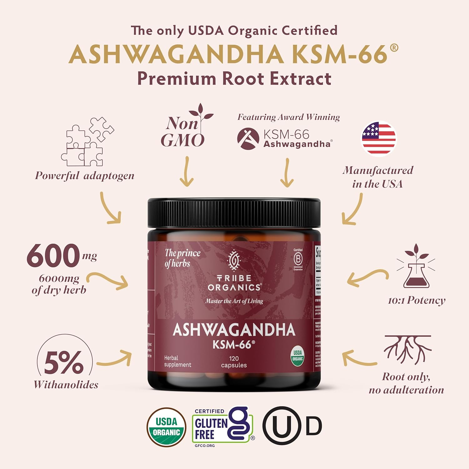 TRIBE ORGANICS Ashwagandha KSM-66 – 600mg Organic Root Extract, 120 Capsules - görsel 2