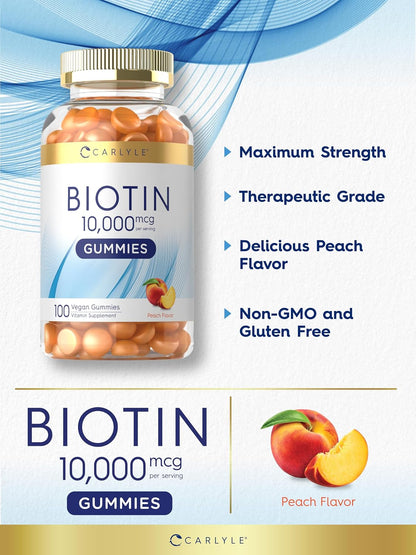 Carlyle Biotin 10000mcg Gummies – 100 Count, Peach Flavour, Vegan, Non-GMO, Gluten-free