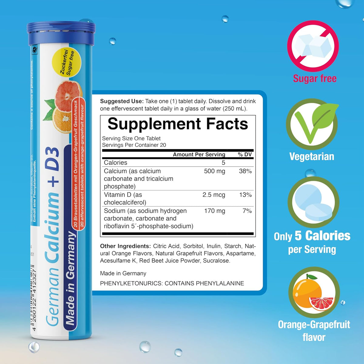 T&D German Vitamin & Minerals Effervescent Tablets - 100 Vegan/Vegetarian Tablets - Mixed Fruit Flavour - görsel 5