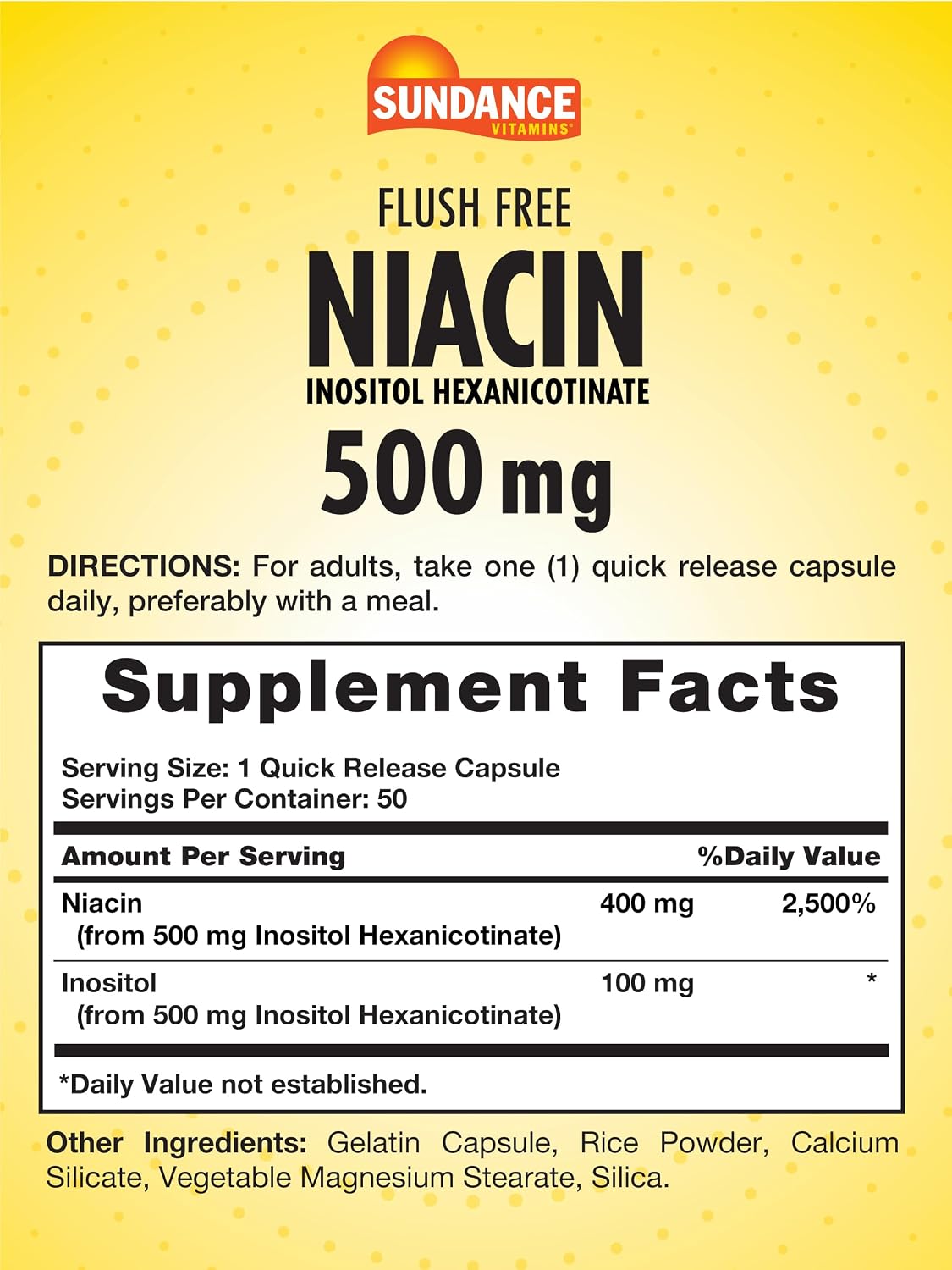 Sundance Niacin 500mg Flush Free | 50 Capsules | Inositol Hexanicotinate | Non-GMO & Gluten-free Supplement - görsel 2