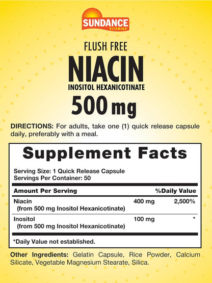 Sundance Niacin 500mg Flush Free | 50 Capsules | Inositol Hexanicotinate | Non-GMO & Gluten-free Supplement