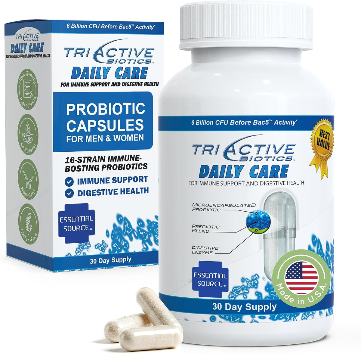 Essential Source TriActive Biotics Daily Care – Probiotic with Prebiotic Blend – 6 Billion CFU – 30 Capsules - görsel 1