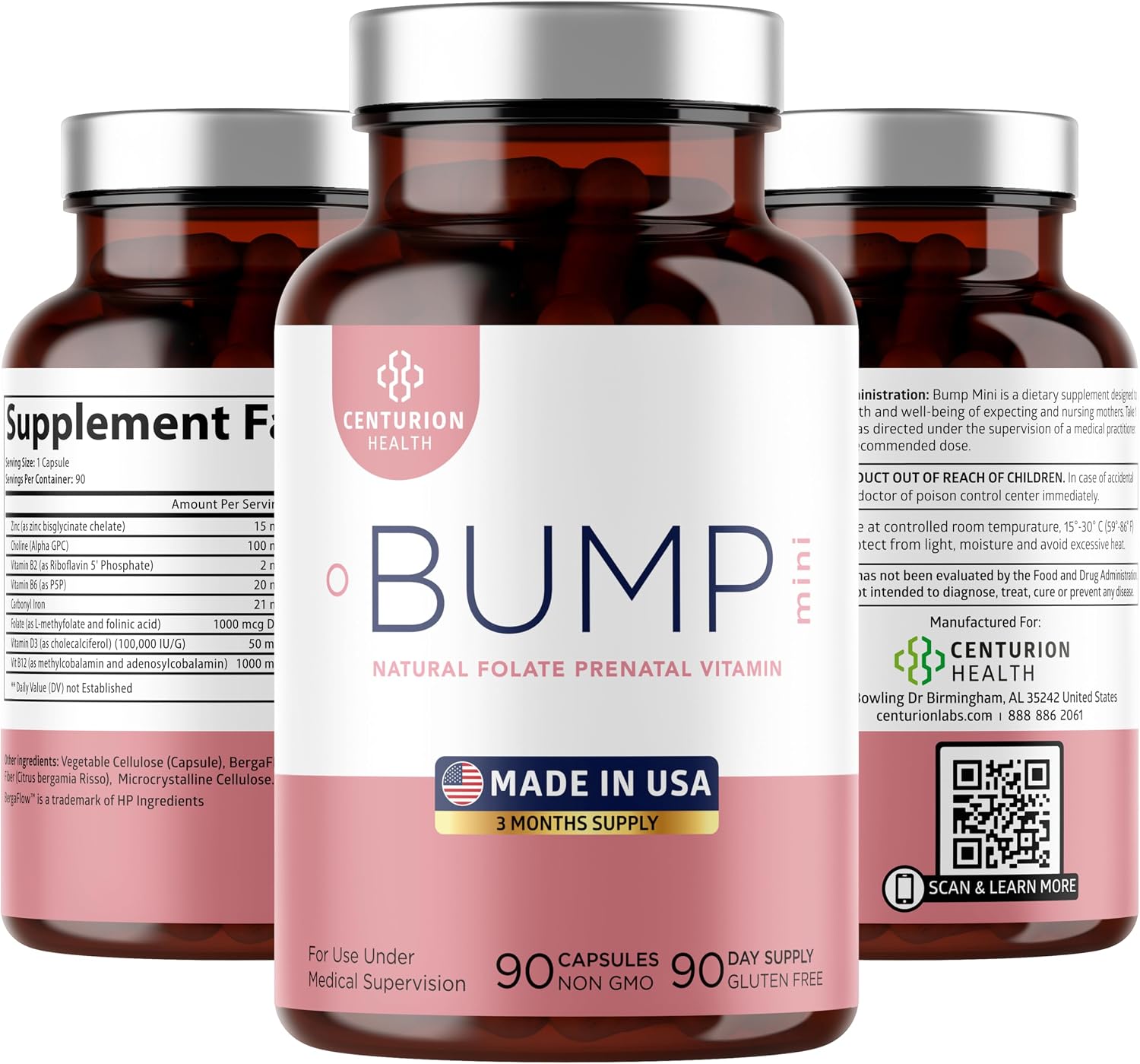 Centurion Health Bump Mini Complete Prenatal Vitamins with Folate, Choline, Carbonyl Iron, Zinc, Vitamin D3 and Vitamin B12 for Foetal Development and Pregnancy Support, 90 Capsules - görsel 1