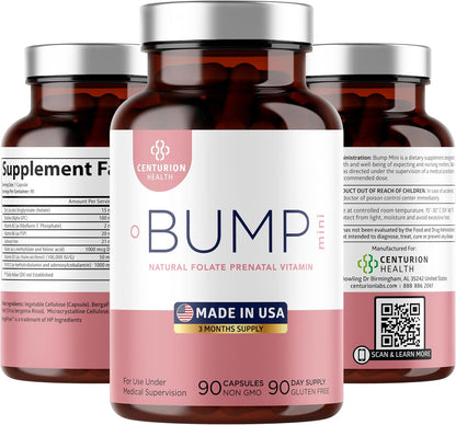 Centurion Health Bump Mini Complete Prenatal Vitamins with Folate, Choline, Carbonyl Iron, Zinc, Vitamin D3 and Vitamin B12 for Foetal Development and Pregnancy Support, 90 Capsules