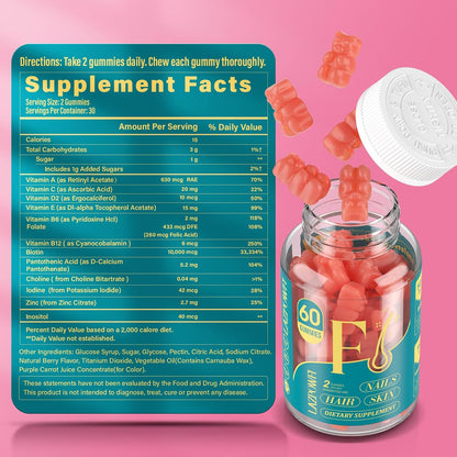 Lazpowfi Biotin Gummies for Hair, Skin and Nails – Vegan Vitamin B7 – Strawberry – 60 Gummies (30 Day Supply)